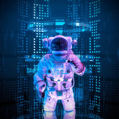 Veri arayüzü kâşifi astronot - Sanal terminale erişen erkek figürü giyen uzay giysisinin 3 boyutlu çizimi