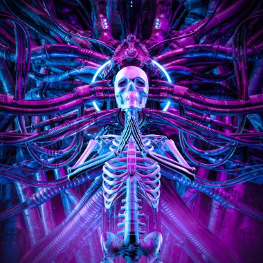 Siberpunk dijital halo iskeleti - 3 boyutlu bilim kurgu dua eden iskelet figürü karmaşık yabancı makinelere bağlanmış