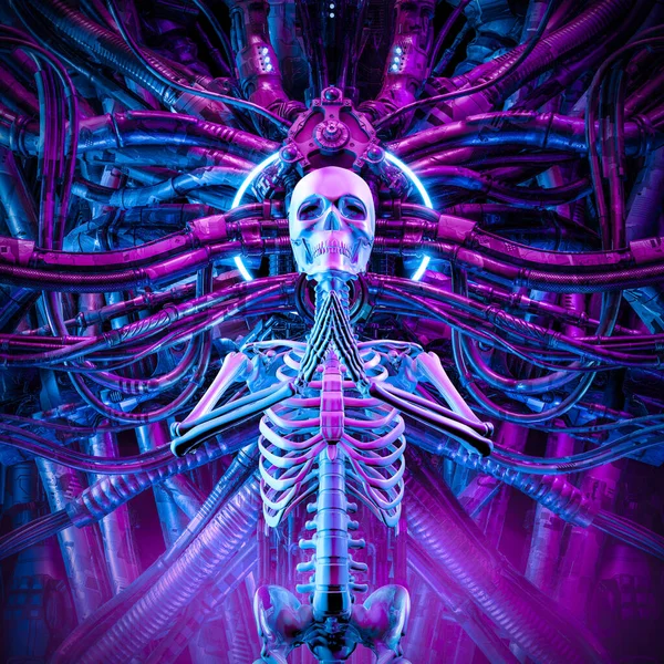 Cyberpunk Digitales Heiligenschein Skelett Illustration Von Science Fiction Betenden Meditierenden — Stockfoto