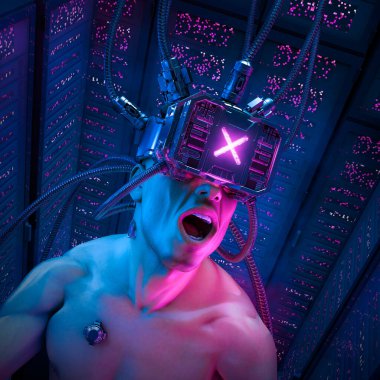 Siberpunk hacker - sunucu çiftliği içinde fütüristik gerçeklik gözlüğü takan erkek karakteri 3 boyutlu bilim kurgu illüstrasyonu