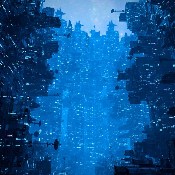 Cyberpunk Stad Nachts Illustratie Van Donkere Torenhoge Futuristische Science Fiction — Stockfoto