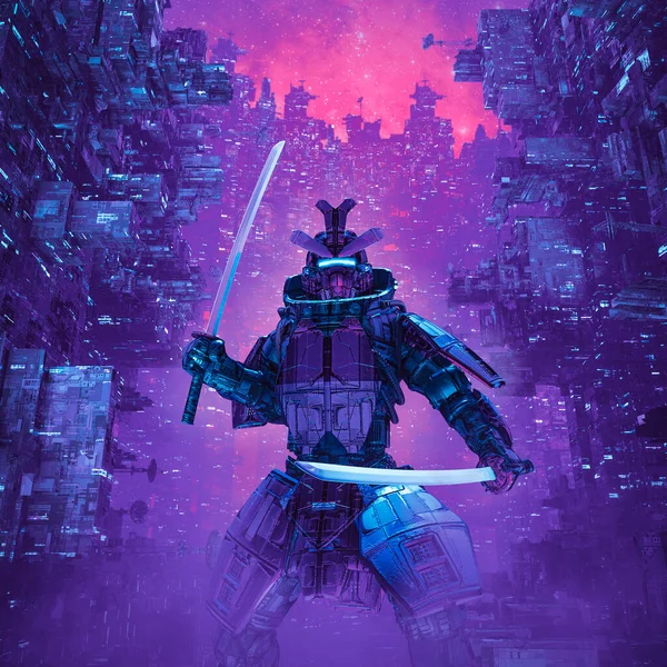 Cyberpunk Samurai Urbano Ilustração Ficção Científica Robô Blindado Com Espadas — Fotografia de Stock