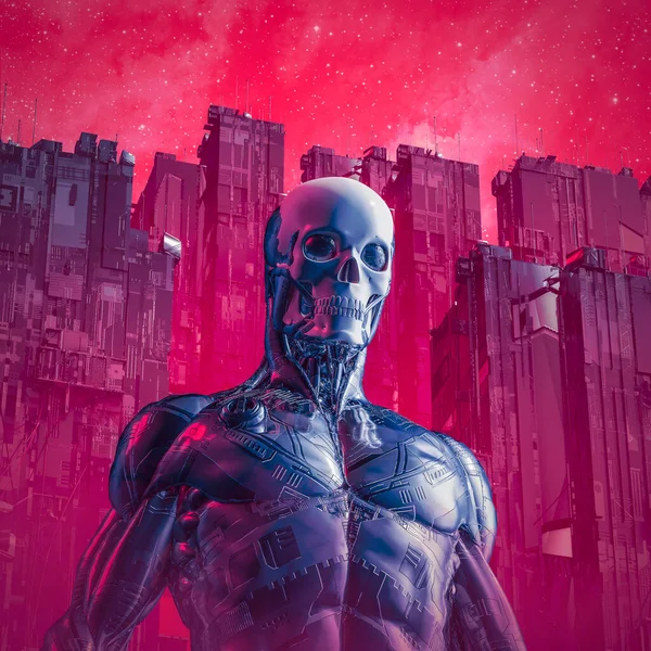 Кіберпанк Смерть Кіборг Ілюстрація Чоловічого Науково Фантастичного Черепа Зіткнувся Роботом — стокове фото