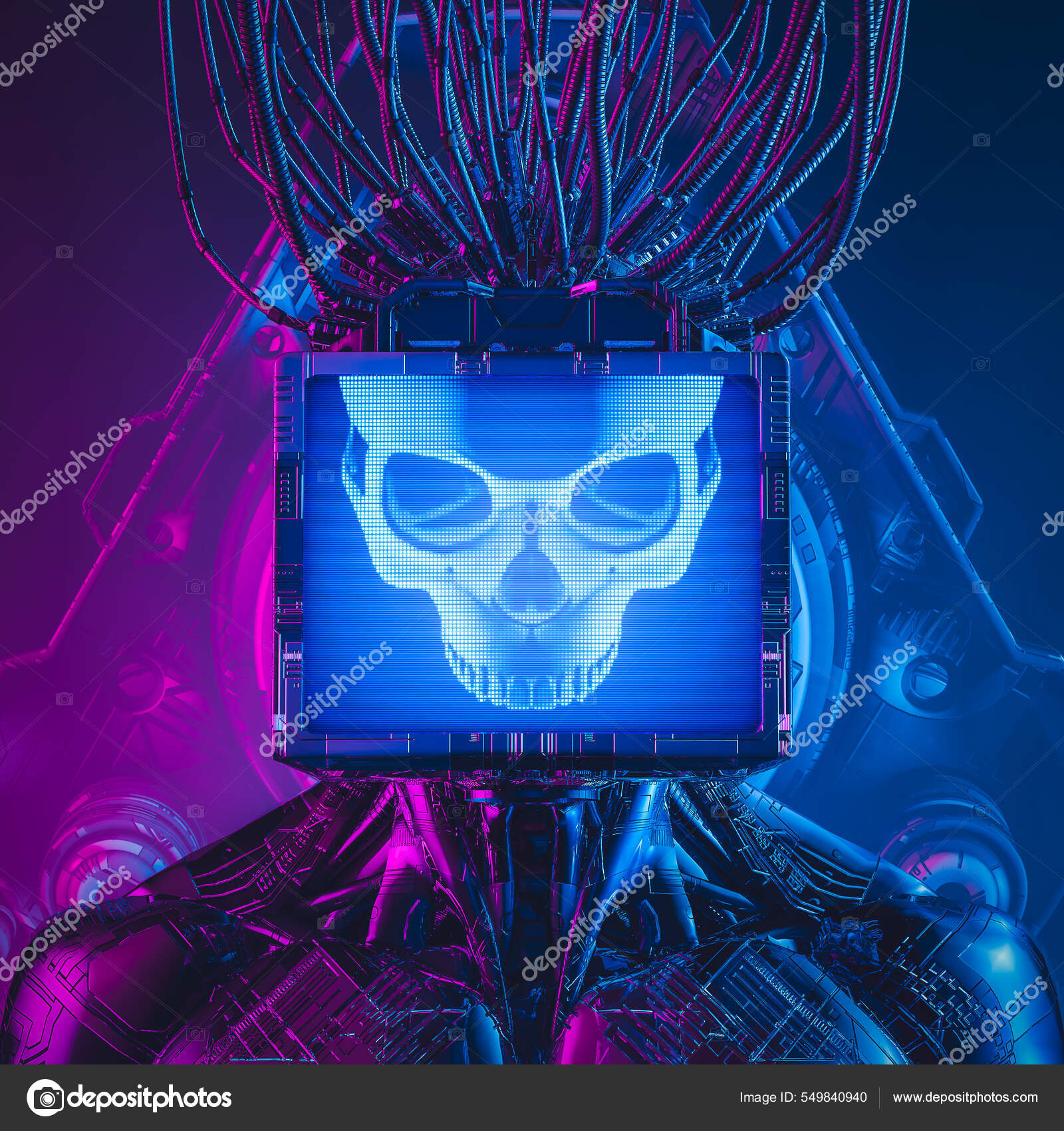 人工知能モニターの頭部頭蓋骨 輝くコンピュータディスプレイの顔を持つSfロボットの3Dイラスト — ストック写真 © grandeduc  #549840940, image size:1600x1700