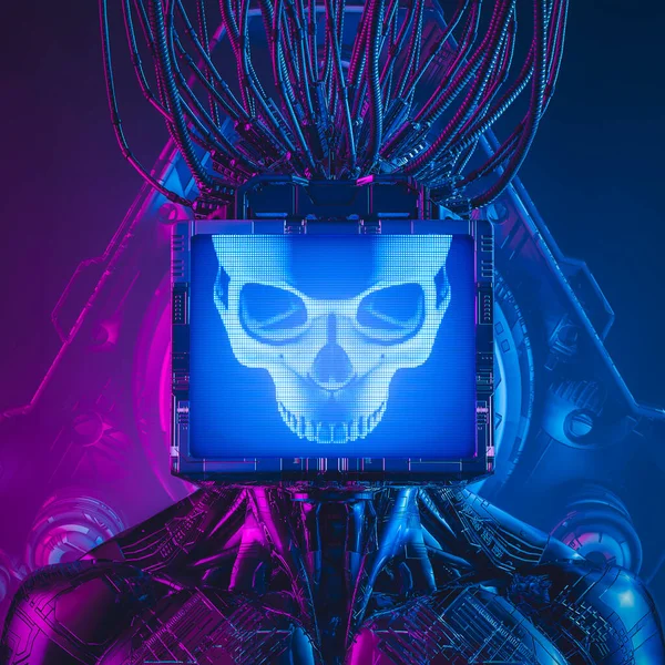 Artificial Intelligence Monitor Head Skull Illustration Science Fiction Robot Glowing Stock Photo