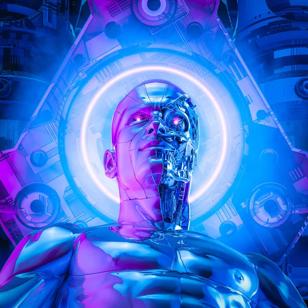 パワーコアサイボーグ 頭の後ろに未来的なネオンハローと輝く目を持つSf男性ヒューマノイドロボットの3Dイラスト — ストック写真
