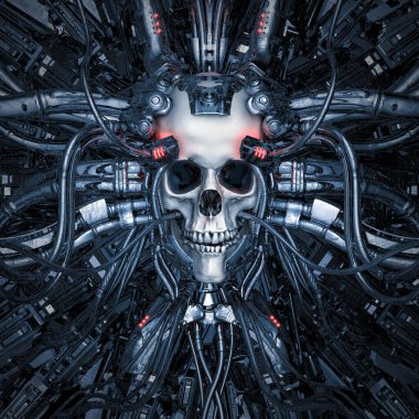 Makinedeki kötülük - bilgisayar çekirdeğine bağlı üç boyutlu bilim kurgu siber punk insan kafatası çizimi