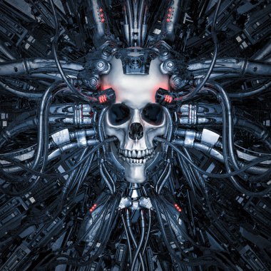 Evil in the machine - 3D illustration of science fiction cyberpunk human skull connected to computer core clipart