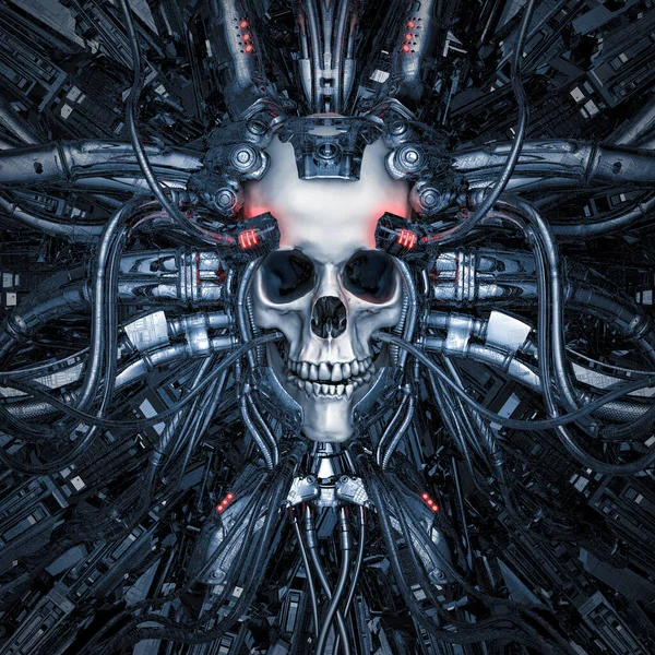 Zło Maszynie Ilustracja Science Fiction Cyberpunk Ludzka Czaszka Podłączona Rdzenia — Zdjęcie stockowe