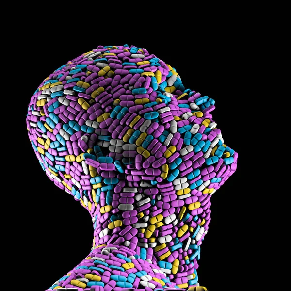 医療用タブレットの頭のメタファー 黒で隔離された男性の人間の顔を形成するカラフルな医療用タブレットの3Dイラスト — ストック写真