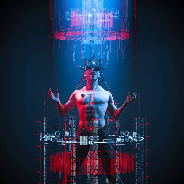 Homem Sobrecarga Cyberpunk Ilustração Ficção Científica Personagem Masculino Chocado Vestindo Imagem De Stock