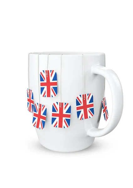Britischer Teebecher Illustration Einer Weißen Teetasse Mit Etiketten Für Teebeutel — Stockfoto