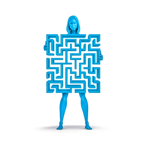 Labyrinth Frau Blau Illustration Der Weiblichen Figur Hält Labyrinth Das lizenzfreie Stockbilder