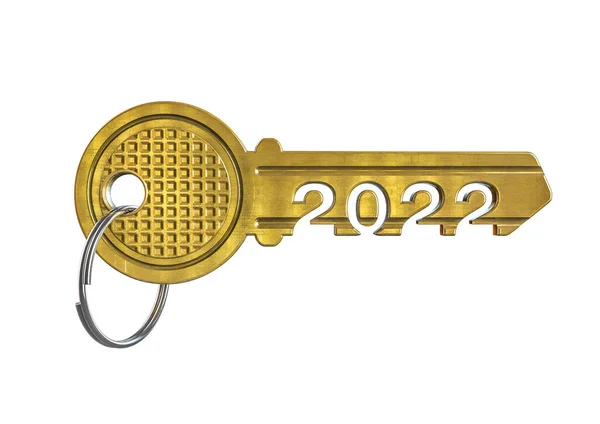 Eigenheimbesitzer 2022 Konzept Illustration Des Metallenen Hausschlüssels Mit Jahresloch Isoliert Stockbild