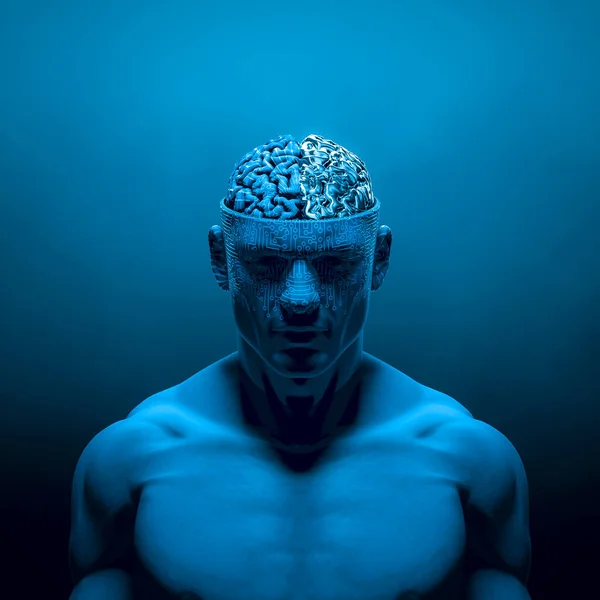 Artificial thoughts - 3D illustration of dark blue robotic male figure with metallic brain