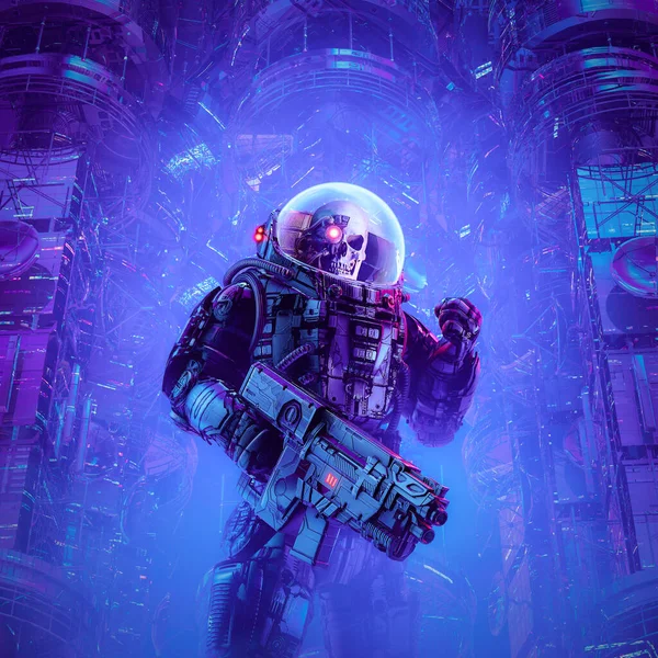 Death on patrol - 3D illustration of science fiction scene showing evil skull faced astronaut space soldier with laser pulse rifle surrounded by alien machinery