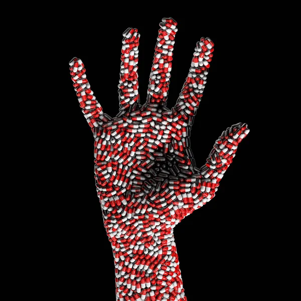 医用胶囊张开手隐喻 从黑色中分离出来的构成人类手掌和手指的药物胶囊的三维图解 — 图库照片