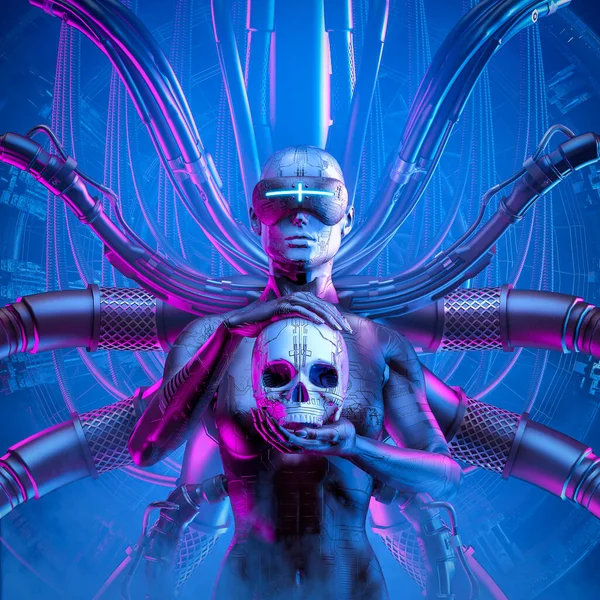 Lair Spider Illustratie Van Science Fiction Gemaskerde Vrouwelijke Cyborg Met — Stockfoto