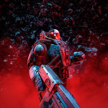 Çekirdeğin derinliklerinde, yeraltındaki yabancı mağaraları keşfeden bilim kurgu askeri robot savaşçısının 3 boyutlu bir çizimi var.