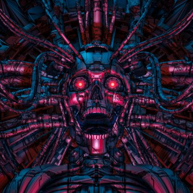 Dijital yeraltı dünyasının Gardiyanı - Bilgisayar çekirdeğine bağlı, çığlık atan, bilim kurgu siberpunk robot kafatasının 3 boyutlu illüstrasyonu