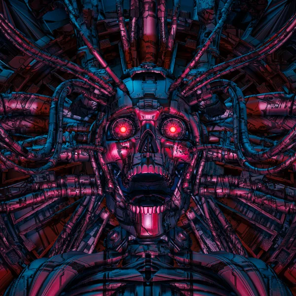 Dijital yeraltı dünyasının Gardiyanı - Bilgisayar çekirdeğine bağlı, çığlık atan, bilim kurgu siberpunk robot kafatasının 3 boyutlu illüstrasyonu