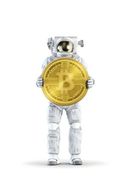 Asztronauta Bitcoin Illusztráció Űrruha Viselő Férfi Figura Gazdaság Nagy Arany — Stock Fotó