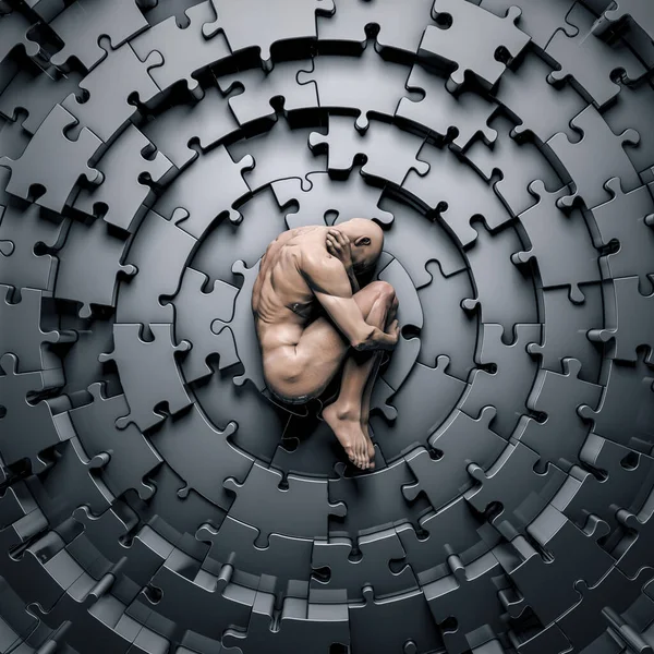 心理健康难题概念 胎儿体位在圆形金属锯子上的三维图 — 图库照片