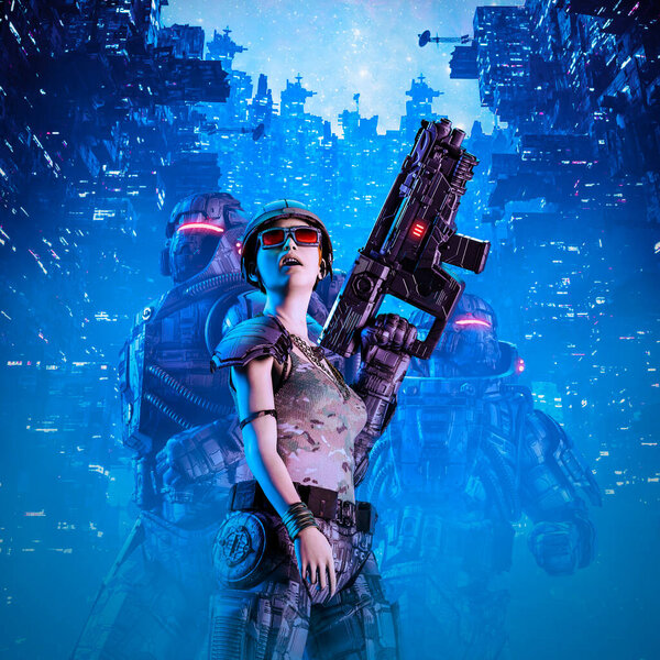 Cyberpunk Soldier Girl Illustration Science Fiction Military Robot Warriors Female Stock Photo