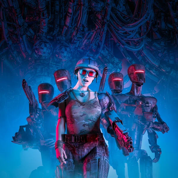Chica Escuadrón Soldados Cyberpunk Ilustración Guerreros Robot Militares Ciencia Ficción —  Fotos de Stock