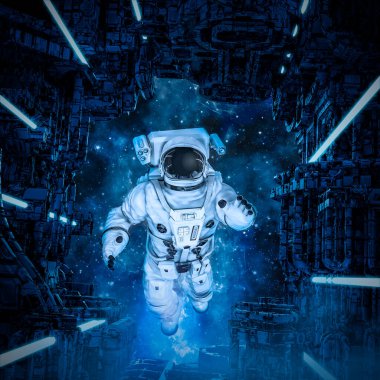 Hava kilidindeki astronot - Bilim kurgu uzayının 3 boyutlu çizimi uzaylı gemisini keşfeden kişi
