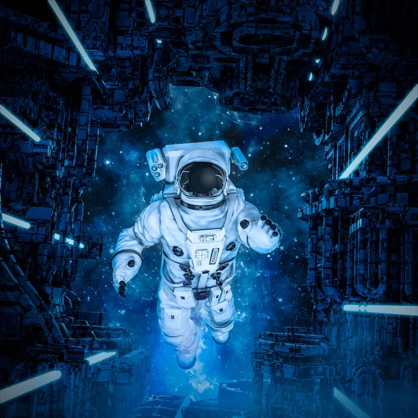 エアロックでの宇宙飛行士 エイリアン船を探索するのに適したサイエンスフィクション空間の3Dイラスト — ストック写真