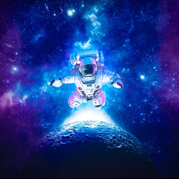 Astronaut floating above moon - 3D illustration of science fiction space suited figure among the stars in outer space