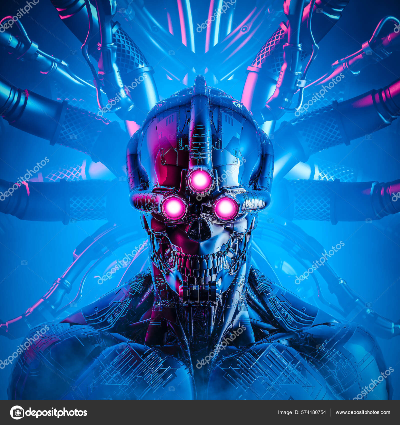 Triclops人工知能 コンピュータコアに接続されている3つの目のサイボーグに直面したSfサイバーパンク頭蓋骨の3Dイラスト — ストック写真 ©  grandeduc #574180754, image size:1600x1700