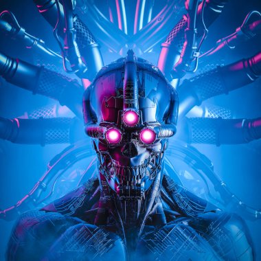 Triclops yapay zeka - 3 boyutlu bilim kurgu siber punk kafatası çizimi bilgisayar çekirdeğine bağlı üç gözlü cyborg ile karşı karşıya
