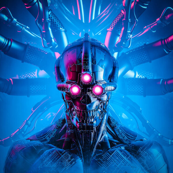 Triclops Artificial Intelligence Illustration Science Fiction Cyberpunk Skull Faced Three Stock Image