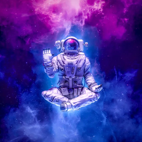 Happy yoga astronaut - 3D illustration of science fiction space suited figure in yoga lotus pose waving in outer space