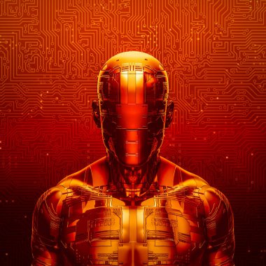 Yüzsüz yapay zeka - Soyut bilgisayar devre kartı arka planına sahip karanlık, boş yüzlü erkek robot figürünün 3 boyutlu çizimi