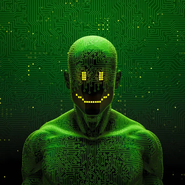 Smiling artificial intelligence - 3D illustration of dark pixel smile faced male robot figure with abstract computer circuit board background