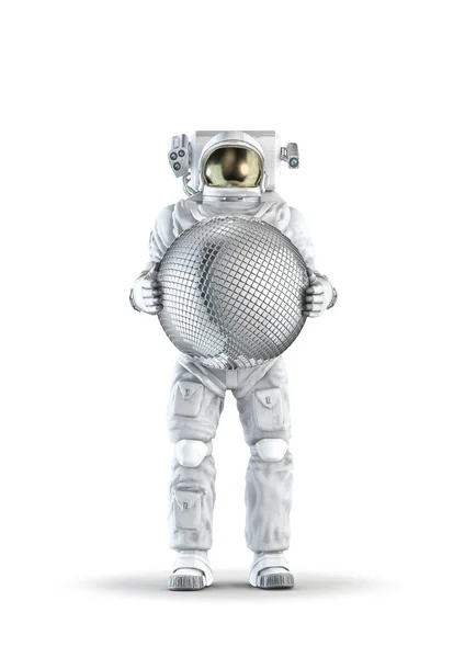 Astronauta Kulą Dyskotekową Ilustracja Skafandra Noszącego Męską Figurę Trzymającą Błyszczącą — Zdjęcie stockowe