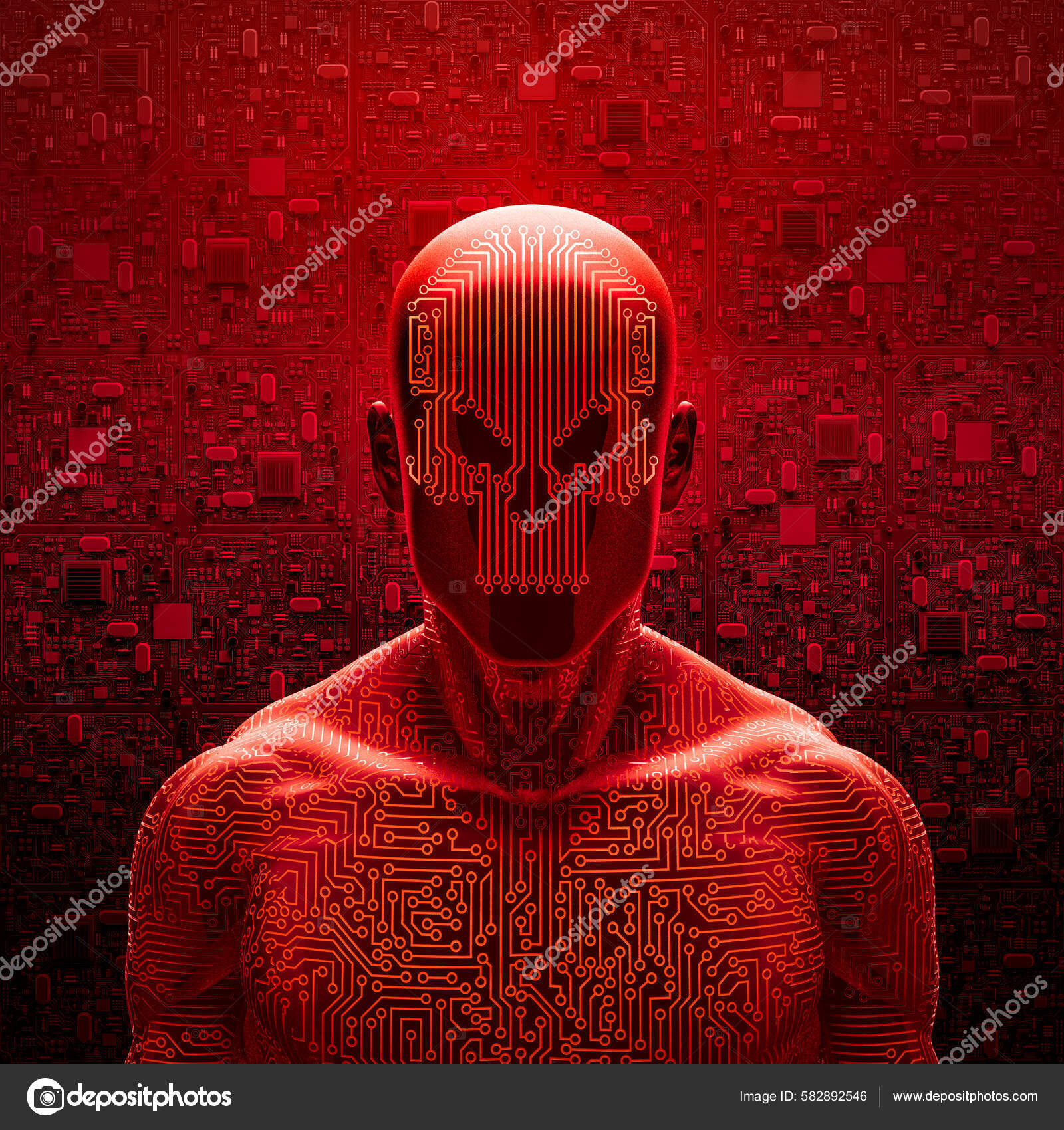 Evil Artificial Intelligence Illustration Red Skull Faced Male Robot Figure Stock Photo by