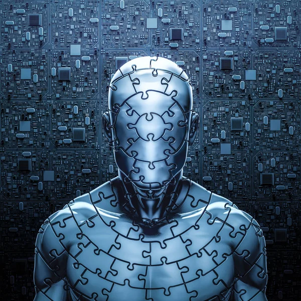 神秘的拼图人 具有抽象计算机电路板背景的拼图制作的深不可测的男性形象的三维图解 — 图库照片