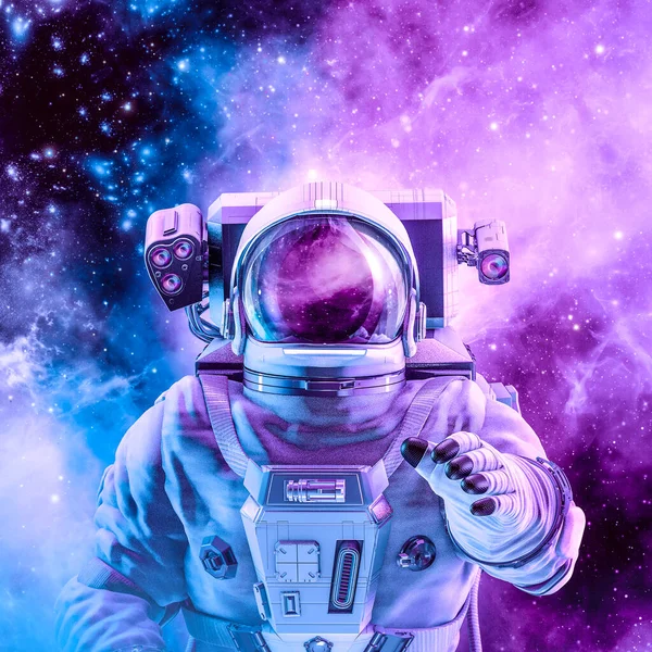 Vreedzame Sterrenstelsel Astronaut Illustratie Van Mens Ruimtepak Zacht Gloeiende Roze Stockfoto