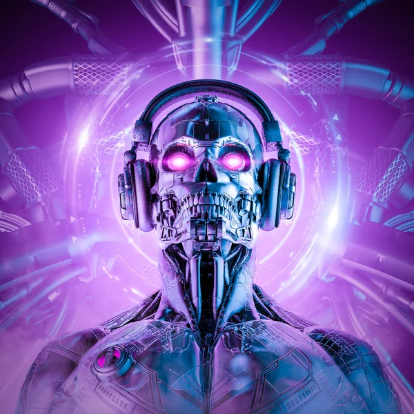 Techno Music Robot Intelligence Illustration Science Fiction Cyberpunk Skull Faced — Zdjęcie stockowe