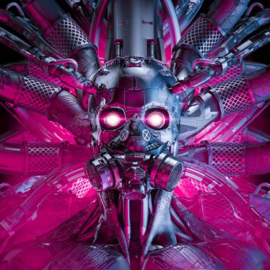 Toxic artificial intelligence - 3D illustration of science fiction cyberpunk skull faced cyborg with respirator connected to computer core