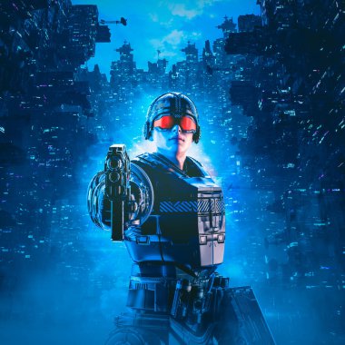 Cyberpunk police woman - 3D illustration of science fiction female law enforcement officer patrolling futuristic city