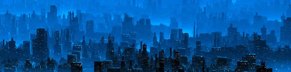 Science fiction neon city night panorama - 3D illustration of dark futuristic sci-fi city lit with bright neon lights