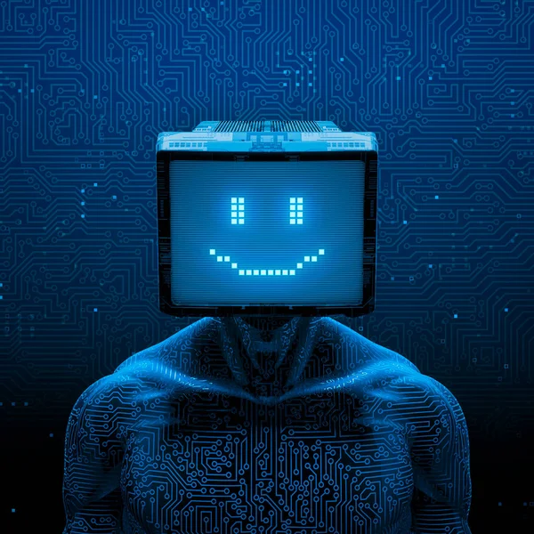 Smiling gamer artificial intelligence - 3D illustration of dark pixel smile faced male robot figure with computer monitor head on abstract computer circuit board background