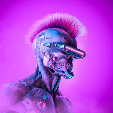 Siberpunk robot hacker - 3 boyutlu bilim kurgu kafatası çizimi mohawk saçlı cyborg ile karşı karşıya