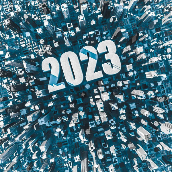 City 2023 Concept Illustration Der Luftaufnahme Der Stadt Mit Text Stockbild