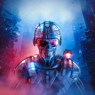 Robot polis memuru - Kafatasının 3 boyutlu çizimi bilim kurgu siber punk kanun uygulama androidi fütüristik şehirde devriye geziyor